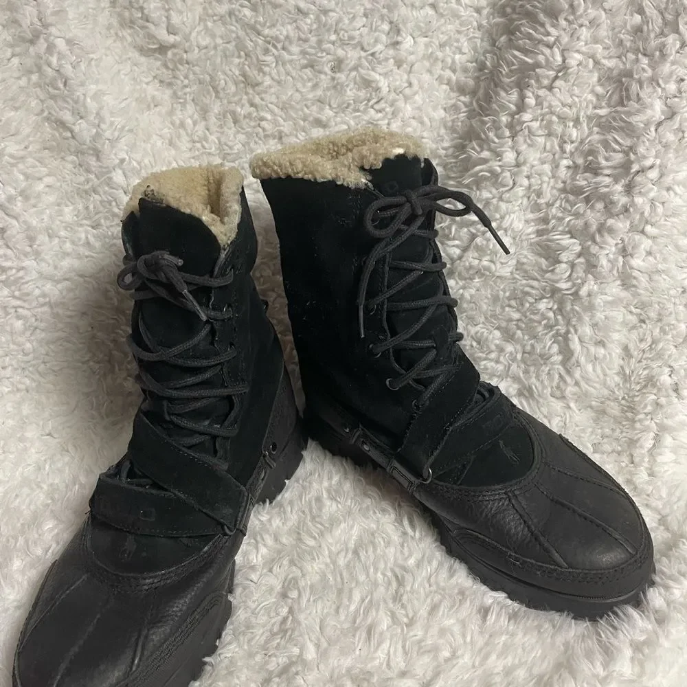 Polo Ralph Lauren Tavin Rollover Black Shearling lace up Boots Men’s SZ10D